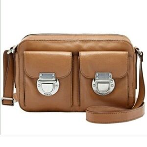 Fossil Riley Top Zip Camel Brown Leather Crossbody Bag  Cargo Front Pockets NWT